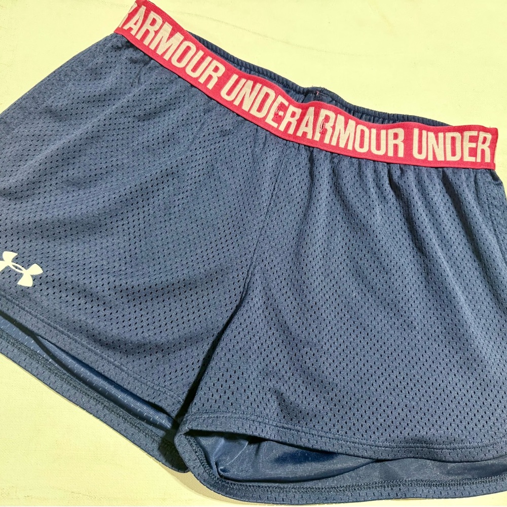 Under Armour Women's Blue Shorts with Pink Waistband